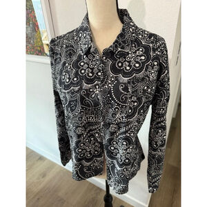Joanna Button Blazer Black White Paisley Rhinestone Embellishment Size M